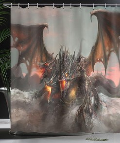 Illustration Dragon Large Monster Cloth Fabric Shower Curtain, Three Headed Breathing Gothic Theme, Bathroom Decor