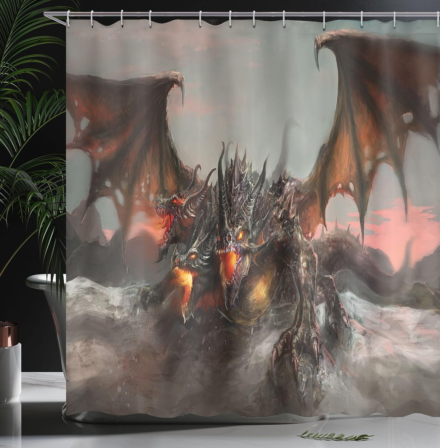 Illustration Dragon Large Monster Cloth Fabric Shower Curtain, Three Headed Breathing Gothic Theme, Bathroom Decor