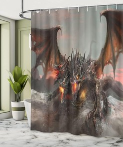 Illustration Dragon Large Monster Cloth Fabric Shower Curtain, Three Headed Breathing Gothic Theme, Bathroom Decor