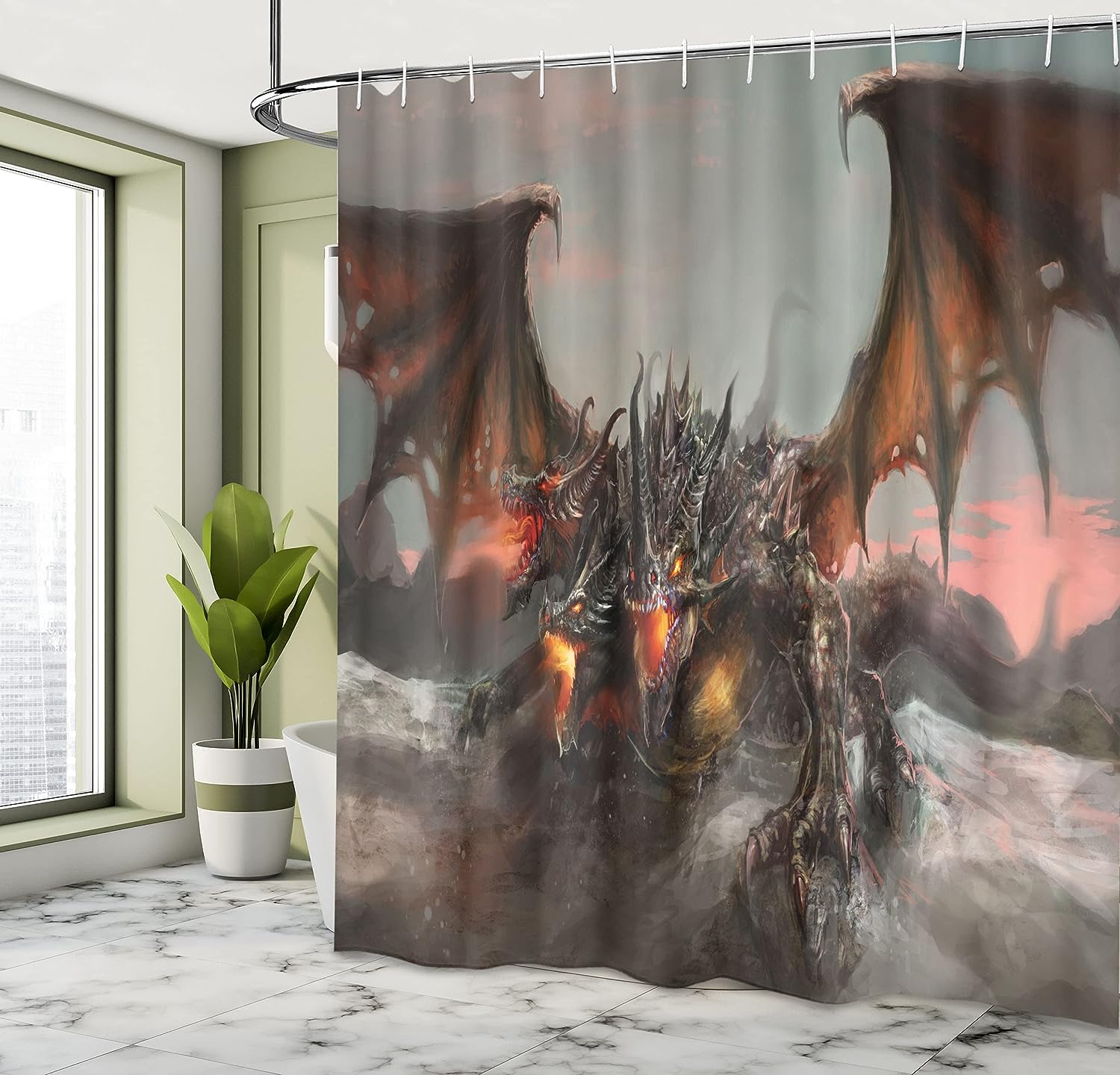 Illustration Dragon Large Monster Cloth Fabric Shower Curtain, Three Headed Breathing Gothic Theme, Bathroom Decor