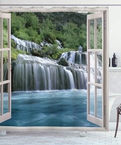 Imaginary Secret Paradise - Blue & Green Waterfall Shower Curtain, Window Bathroom Decor