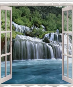 Imaginary Secret Paradise - Blue & Green Waterfall Shower Curtain, Window Bathroom Decor