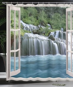 Imaginary Secret Paradise - Blue & Green Waterfall Shower Curtain, Window Bathroom Decor