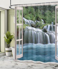 Imaginary Secret Paradise - Blue & Green Waterfall Shower Curtain, Window Bathroom Decor