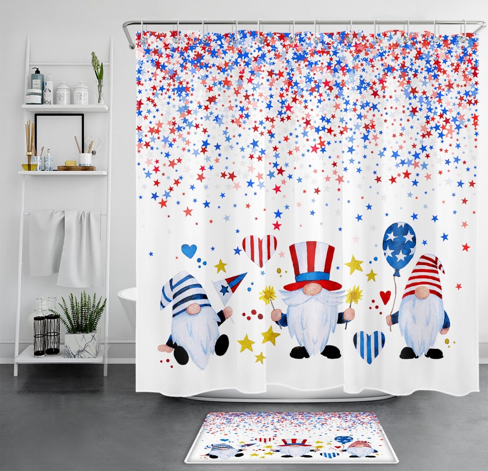 Independence Day Gnome Shower Curtain with Stars - Unique Bathroom Accessory