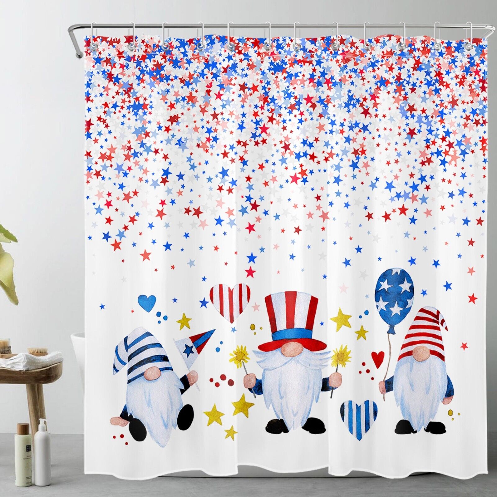 Independence Day Gnome Shower Curtain with Stars - Unique Bathroom Accessory