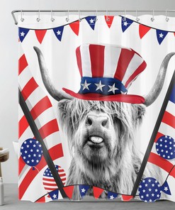 Independence Day Highland Cow Shower Curtain for Bathroom Decor - Grey Balloon Theme