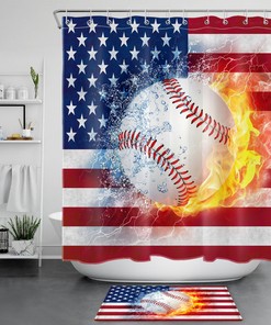 Independence Day Red Blue Stripe Baseball Shower Curtain for Patriotic Bathroom Decor 