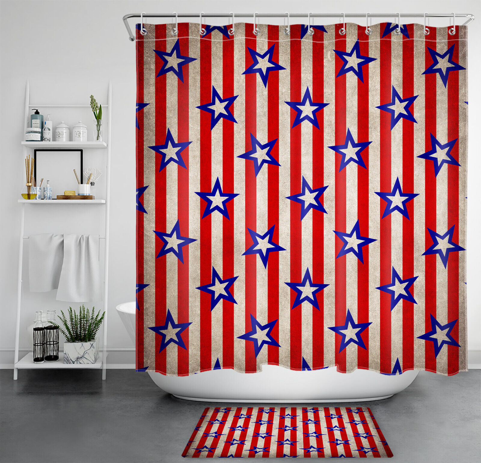 Independence Day Striped Shower Curtain with Blue Stars - Bathroom Decor and Accessories