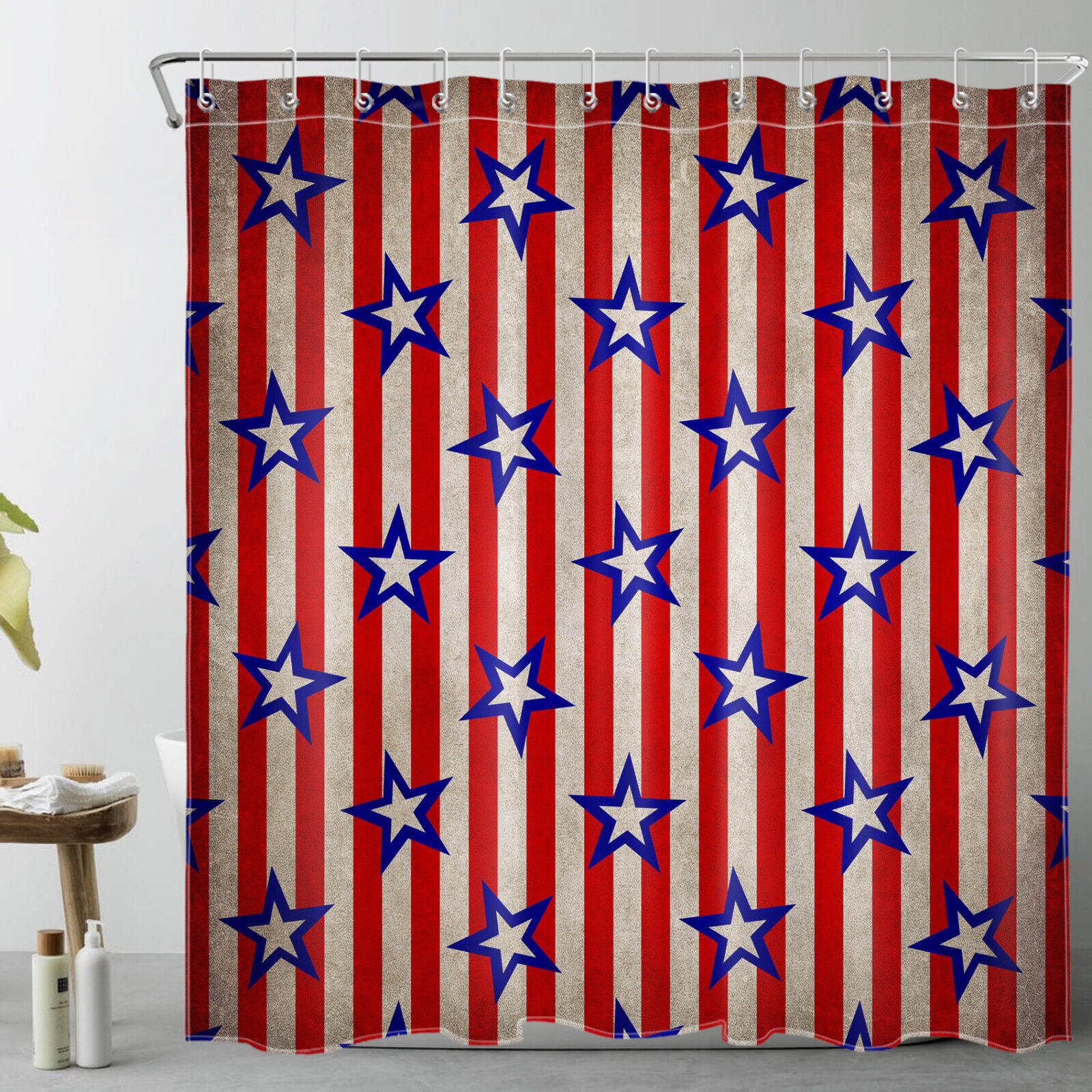 Independence Day Striped Shower Curtain with Blue Stars - Bathroom Decor and Accessories