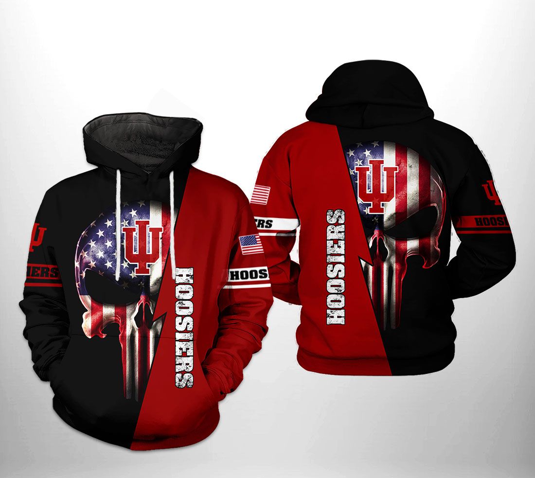 Indiana Hoosiers NCAA US Flag Skull 3D Printed Hoodie/Zipper Hoodie