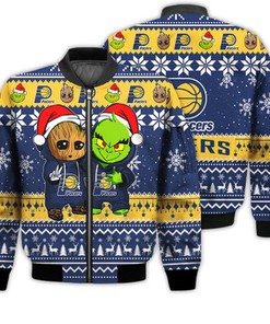 Indiana Pacers Baby Groot And Grinch Best Friends Football American Ugly Christmas Sweater Gifts Unisex 3D Bomber Jacket