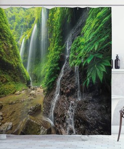 Indonesian Waterfall Shower Curtain Bathroom Decor in Green and Brown, Bathroom Curtain