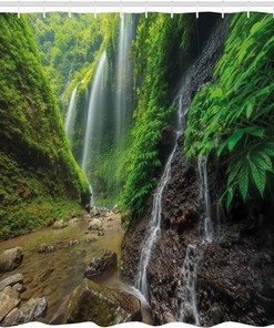 Indonesian Waterfall Shower Curtain Bathroom Decor in Green and Brown, Bathroom Curtain