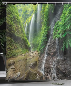Indonesian Waterfall Shower Curtain Bathroom Decor in Green and Brown, Bathroom Curtain
