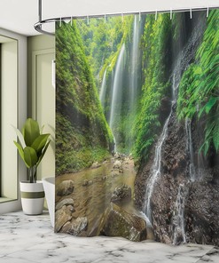 Indonesian Waterfall Shower Curtain Bathroom Decor in Green and Brown, Bathroom Curtain