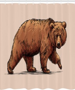 Ink Drawing Style Bear Shower Curtain, Wildlife Themed Art Cloth Bathroom Decor in Brown Rose
