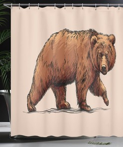 Ink Drawing Style Bear Shower Curtain, Wildlife Themed Art Cloth Bathroom Decor in Brown Rose