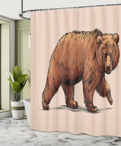 Ink Drawing Style Bear Shower Curtain, Wildlife Themed Art Cloth Bathroom Decor in Brown Rose
