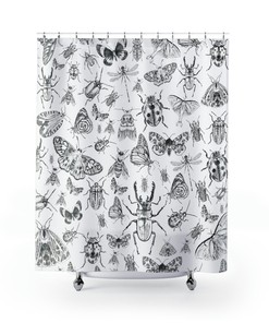 Insect Illustration Shower Curtain - Nature and Chic Bathroom Decor with Black and White Art Print