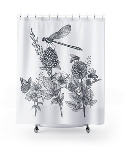 Insect Shower Curtain for Bathroom - Bee, Butterfly, Dragonfly Pattern