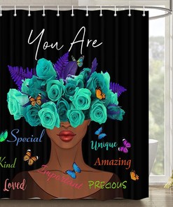 Inspirational Black Woman Shower Curtain - Motivational Words with Teal Roses for Bathroom Decor