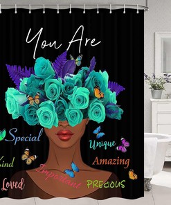 Inspirational Black Woman Shower Curtain - Motivational Words with Teal Roses for Bathroom Decor