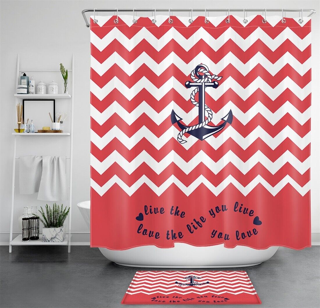 Inspirational Words Red Stripes Anchor Shower Curtain - Waterproof Fabric for Bathroom