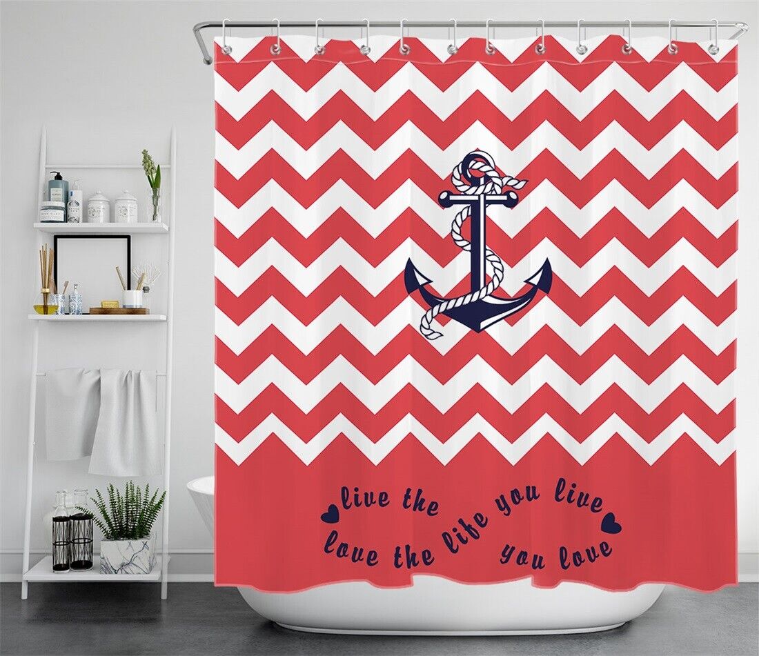 Inspirational Words Red Stripes Anchor Shower Curtain - Waterproof Fabric for Bathroom