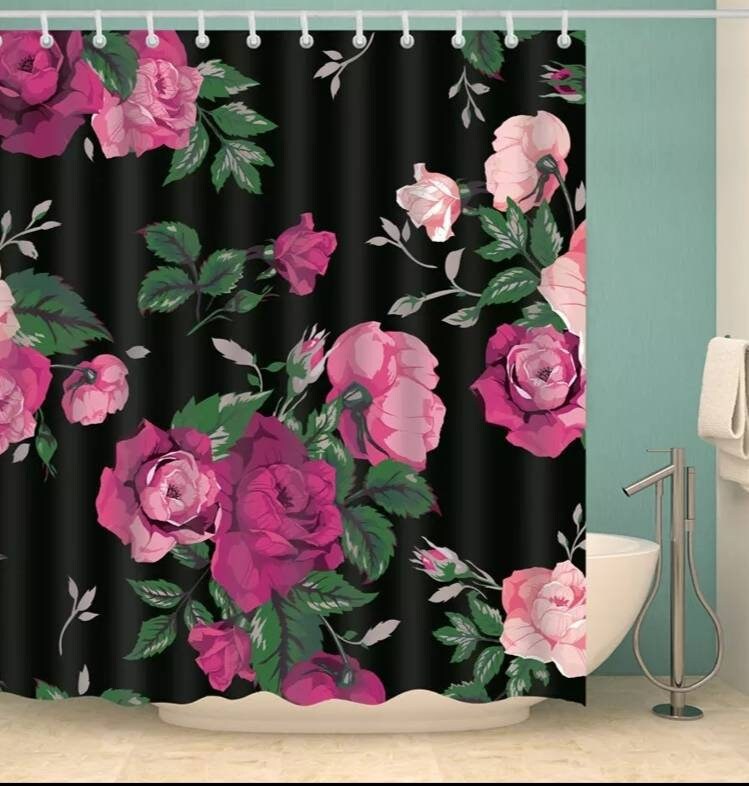 Invigorating Bath Curtains with Beautiful Flowers and Roses for Bathroom Decor