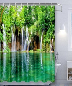 Invigorating Lagoon and Waterfall Nature Settings Shower and Curtain for Your Bathroom