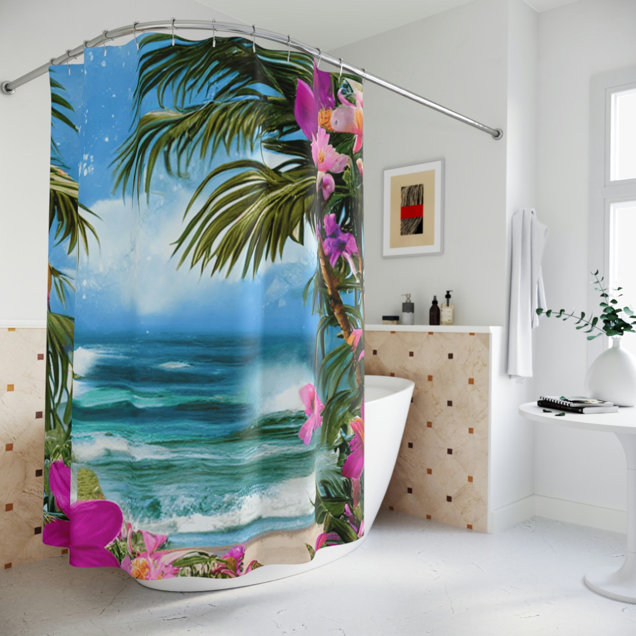 Island Palm Tree Tropical Beach Shower Curtain for Your Bathroom