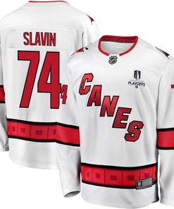 Jaccob Slavin 74 Carolina Hurricanes Stanley Cup 2023 Playoffs Patch Away Breakaway Men Jersey - White
