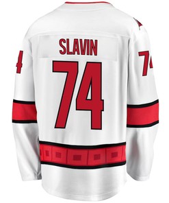 Jaccob Slavin 74 Carolina Hurricanes Stanley Cup 2023 Playoffs Patch Away Breakaway Men Jersey - White