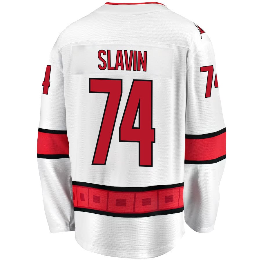 Jaccob Slavin 74 Carolina Hurricanes Stanley Cup 2023 Playoffs Patch Away Breakaway Men Jersey - White