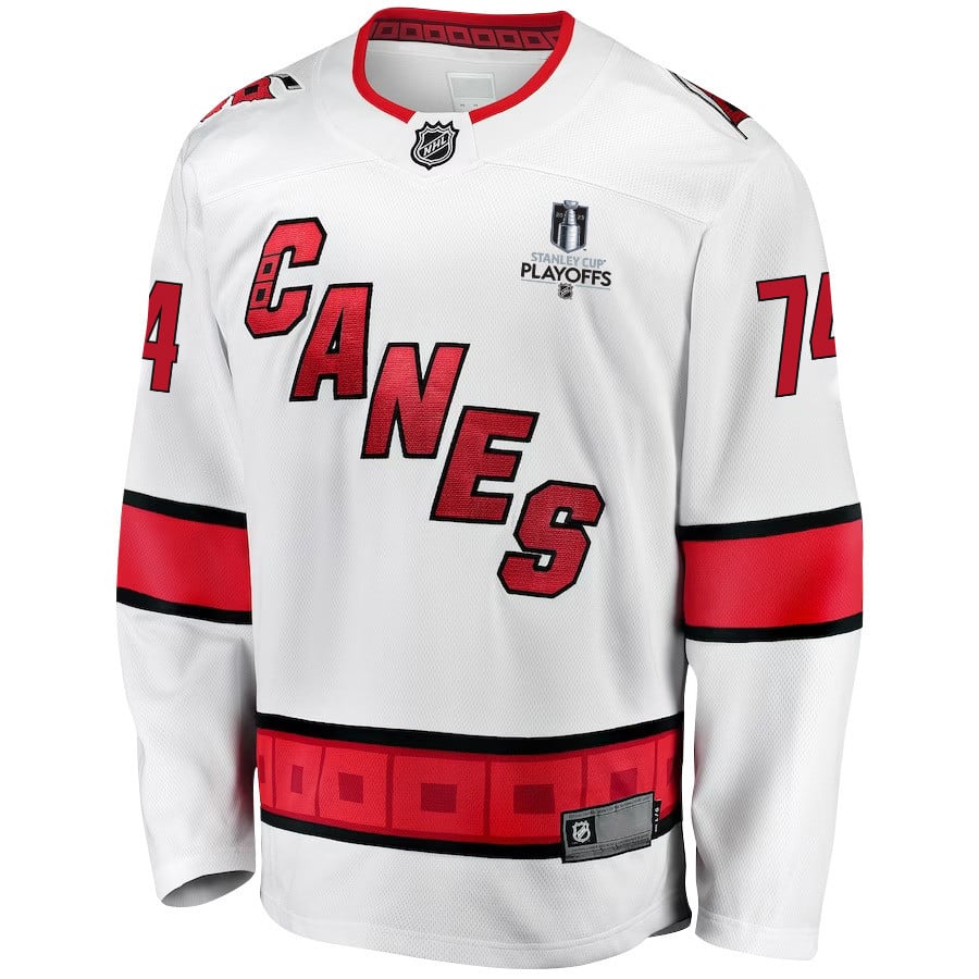 Jaccob Slavin 74 Carolina Hurricanes Stanley Cup 2023 Playoffs Patch Away Breakaway Men Jersey - White