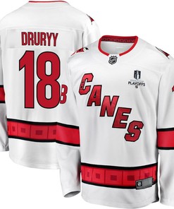 Jack Drury 18 Carolina Hurricanes Stanley Cup 2023 Playoffs Patch Away Breakaway Men Jersey - White