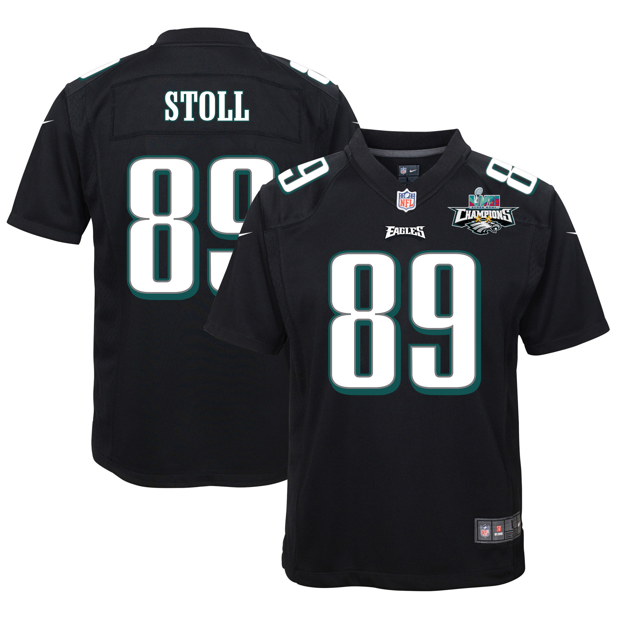 Jack Stoll 89 Philadelphia Eagles Super Bowl LVII Champions 2 Stars Youth Game Jersey - Black