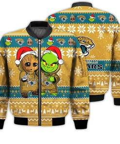 Jacksonville Jaguars Baby Groot And Grinch Best Friends Football American Ugly Christmas Sweater Gifts Unisex 3D Bomber Jacket