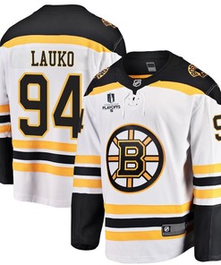 Jakub Lauko 94 Boston Bruins Stanley Cup 2023 Playoffs Patch Away Breakaway Men Jersey - White