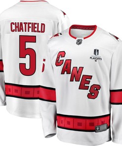 Jalen Chatfield 5 Carolina Hurricanes Stanley Cup 2023 Playoffs Patch Away Breakaway Men Jersey - White