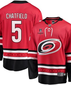 Jalen Chatfield 5 Carolina Hurricanes Stanley Cup 2023 Playoffs Patch Home Breakaway Men Jersey - Red
