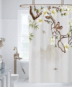 Japanese Birds on Branch Prints Shower Curtain with Beautiful Birds for a Trendy Bathroom Decor 