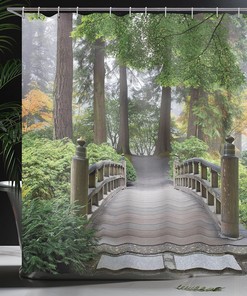 Japanese Garden Shower Curtain, Wooden Bridge and Trees in Autumn Print for Bathroom Decor, Taupe Green Cloth Fabric
