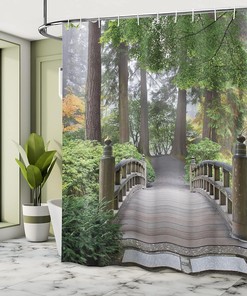 Japanese Garden Shower Curtain, Wooden Bridge and Trees in Autumn Print for Bathroom Decor, Taupe Green Cloth Fabric