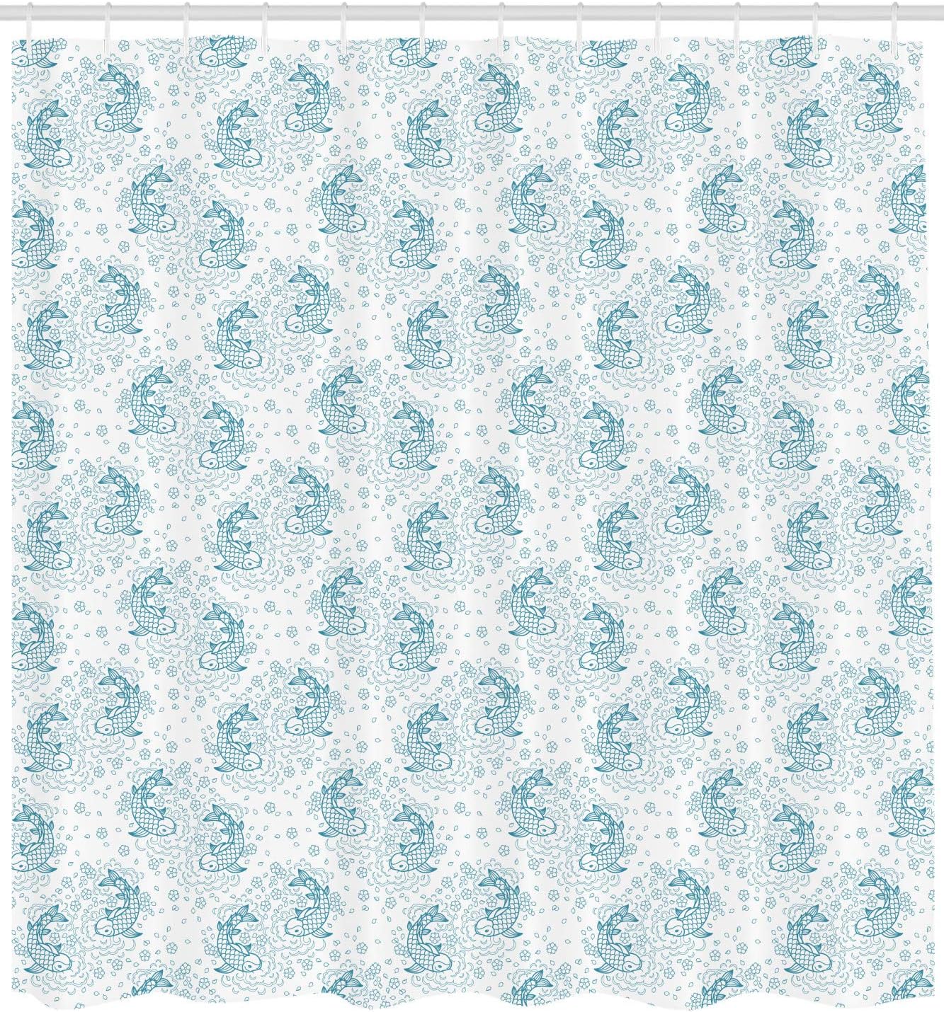 Japanese Inspired Koi Fish Shower Curtain, Floral Doodle Style Cloth Bathroom Decor in Blue White