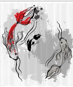 Japanese Koi Fish Shower Curtain, Aesthetic Digital Marine Underwater Print for Bathroom Decor, Orange and Grey Cloth Fabric