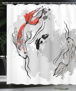 Japanese Koi Fish Shower Curtain, Aesthetic Digital Marine Underwater Print for Bathroom Decor, Orange and Grey Cloth Fabric