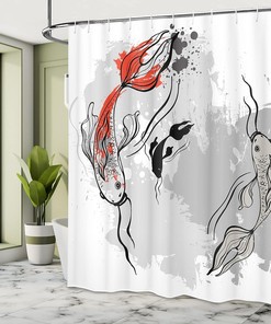 Japanese Koi Fish Shower Curtain, Aesthetic Digital Marine Underwater Print for Bathroom Decor, Orange and Grey Cloth Fabric