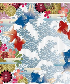 Japanese Koi Fish Shower Curtain, Soft Tone Floral Folk Design for Bathroom Decor